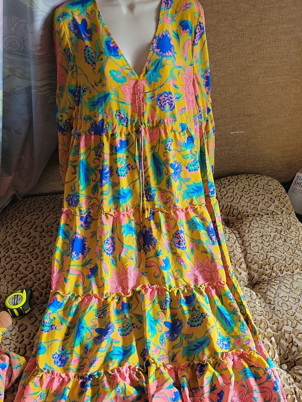 Yellow Floral Tiered V-Neck Maxi Dress